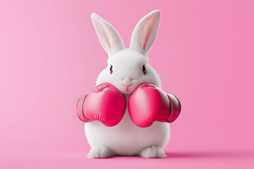 Obraz premium Close up of cute white rabbit wearing fuchsia pink boxer's gloves. Minimal creative concept of squabble, competing, fighter sports, boxing or fun Easter bunny. Pastel pink background with copy space.