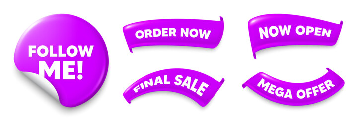 Follow me purple sticker, Sale offer ribbons. Final sale, Order now. Follow me tag. Special offer sign. Super offer symbol. Sticker badge. Flag ribbon banners. Discount offer banners. Vector