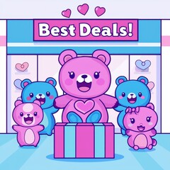 A cheerful illustration featuring colorful bears promoting "Best Deals!" in a vibrant store setting, surrounded by hearts and gifts.
