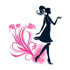 vector image of beautiful stylish girl lady in red shoes and dress with ornament