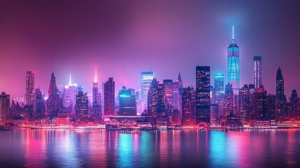 Night cityscape, Manhattan skyline, vibrant lights, harbor reflection, urban background