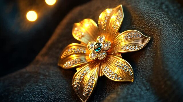 Elegant golden flower brooch with sparkling gemstones, lying on a dark fabric surface