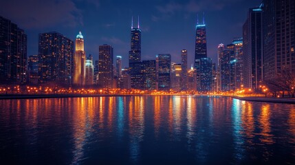 Fototapeta premium Night city skyline, lake reflection, urban park, twilight