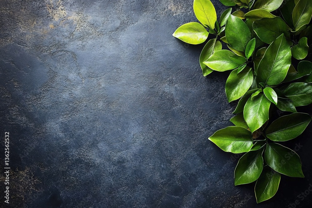 Poster Green leaves creating a natural border on a dark textured background in a serene indoor setting