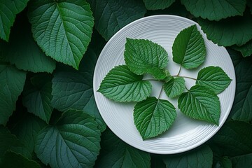 Fresh green leaves arranged on a white plate surrounded by lush foliage in a peaceful setting