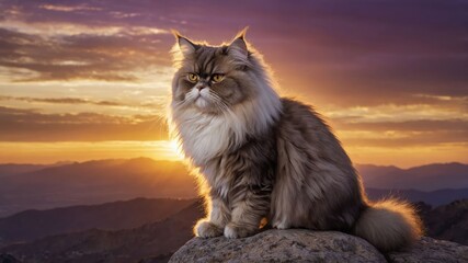 Fototapeta premium A majestic cat sitting on a rock during a stunning sunset.