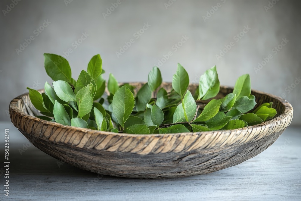 Aufkleber fresh green leaves arranged in a rustic wooden bowl on a simple surface in natural light during the 