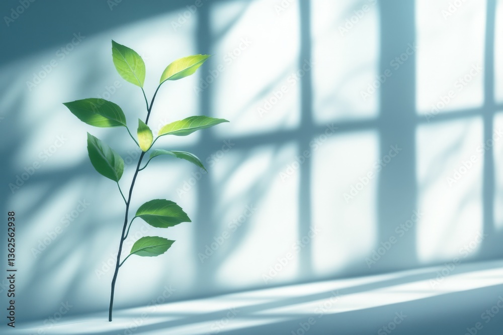 Poster sunlight filtering through a window illuminates a green plant casting delicate shadows on a blue wal