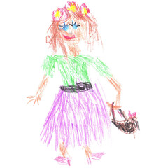 Ginger haired girl, beautiful princess, flower girl, gardener, florist. A wreath of flowers on the head. Pink shoes with heels. Holds a basket in her hand. Children's drawing style, scribbles..