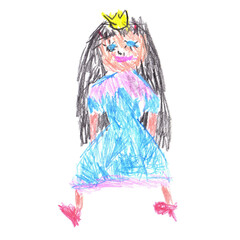 Black haired girl, beautiful princess, smart girl. Blue dress, gown. Red shoes with heels, golden crown, tiara. Children's drawing style, scribbles. Colored pencils drawing. Girl in a blue dress, red 