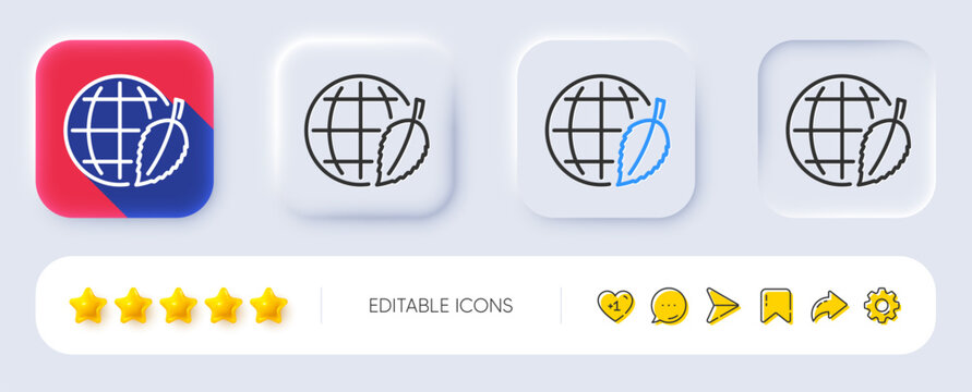Globe with leaf line icon. Neumorphic, Flat shadow, 3d buttons. World sign. Environment day symbol. Line environment day icon. Social media icons. Vector