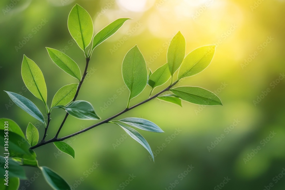 Poster fresh green leaves on a branch illuminated by soft sunlight in a tranquil natural setting during the