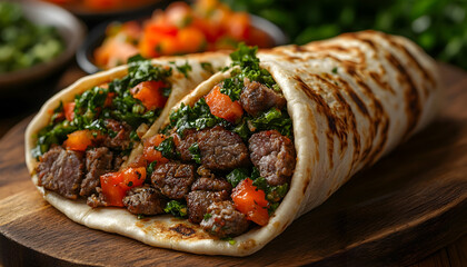 Grilled meat wrap with greens and tomatoes on wooden board