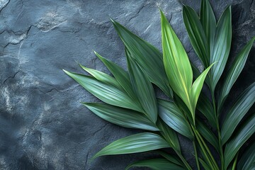 Obraz premium Lush green leaves elegantly arranged on textured stone background for natural aesthetic appeal