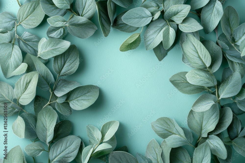 Aufkleber lush green leaves arranged on a soft mint background create a calming and serene atmosphere for deco