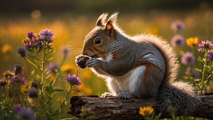 Obraz premium A squirrel sitting on a log, eating a nut amidst colorful wildflowers in soft sunlight.