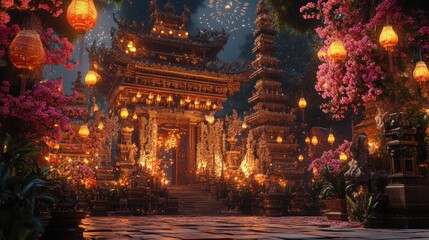 Fototapeta premium Illuminated Asian temple festival fireworks night
