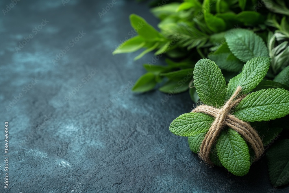 Poster freshly harvested mint leaves arranged on a textured surface with twine in a natural setting during 