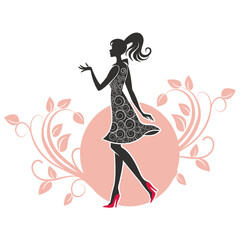 vector image of beautiful stylish girl lady in red shoes and dress with ornament