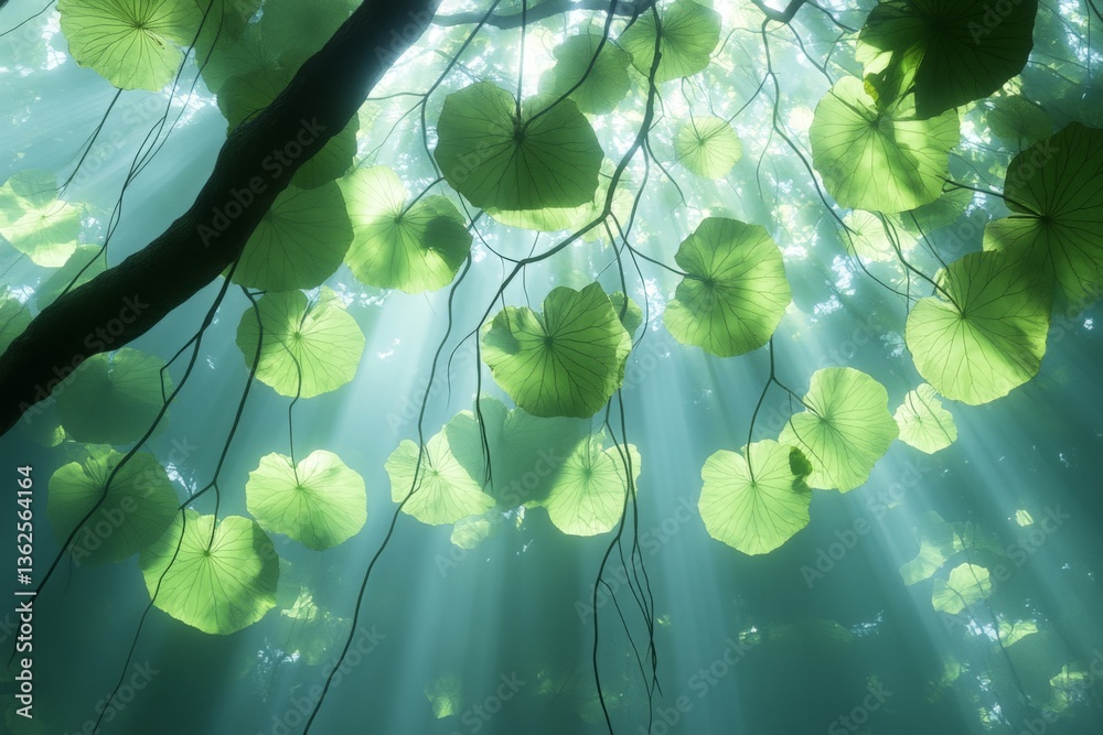 Aufkleber sunlight filters through lush green leaves in a serene forest setting during the early morning hours