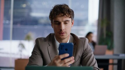 Office manager receive message with good news closeup. Man winning promotion