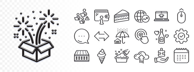 Fototapeta premium Teamwork, Cake and Website education line icons for web app. Glare of light effect. Message icon. Pack of Fireworks, Home insurance, Execute pictogram icons. Vector