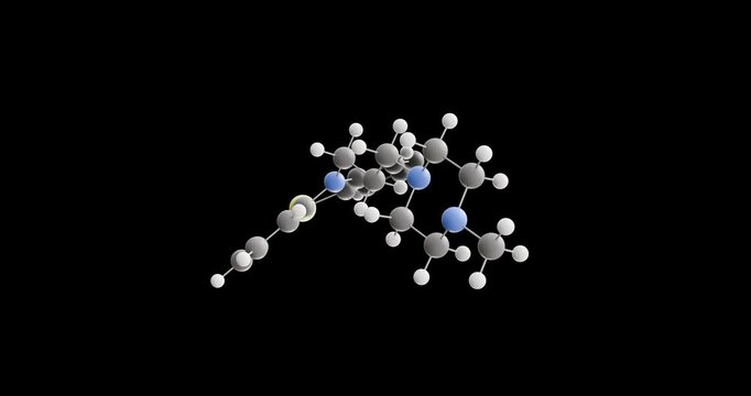 Perazine molecule, rotating 3D model of typical antipsychotic, looped video on a black background