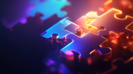 Glowing puzzle pieces connecting, dark background, solution concept (2)