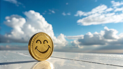 A gold coin with a smiling mask , resting on a smooth surface, blue sky with fluffy white clouds background