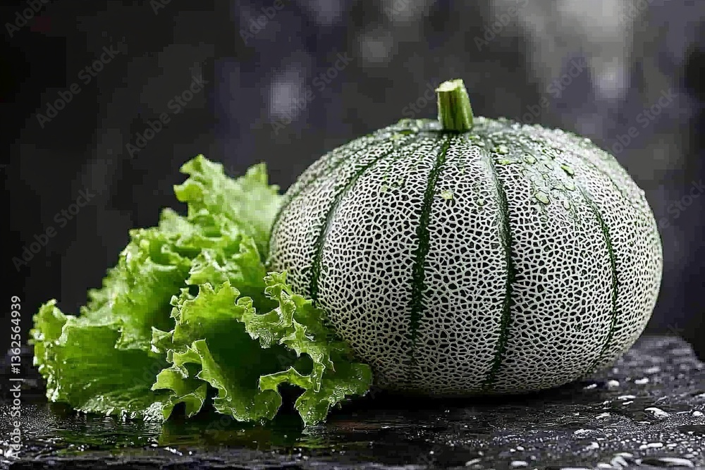 Aufkleber fresh cantaloupe with dew drops and crisp lettuce on a dark surface in a kitchen setting during dayl