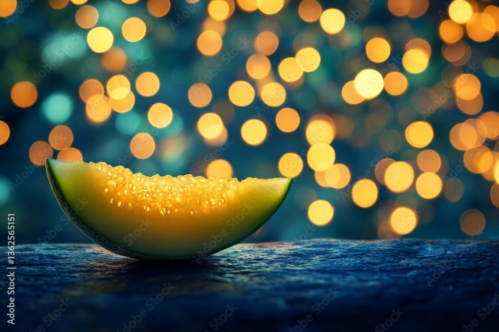 Poster Fresh melon slice illuminated by glowing lights in a cozy setting during evening hours