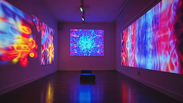 Dynamic art installation showcasing vibrant abstract visuals projected on gallery walls