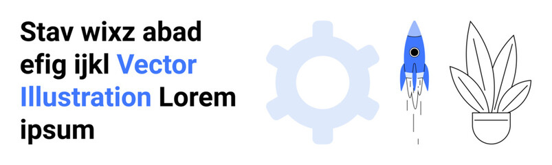 Gear symbol with blue rocket launching upward beside a simple plant pot. Ideal for innovation, technology, growth, startup, creativity, progress, and minimalism. Flat landing page banner