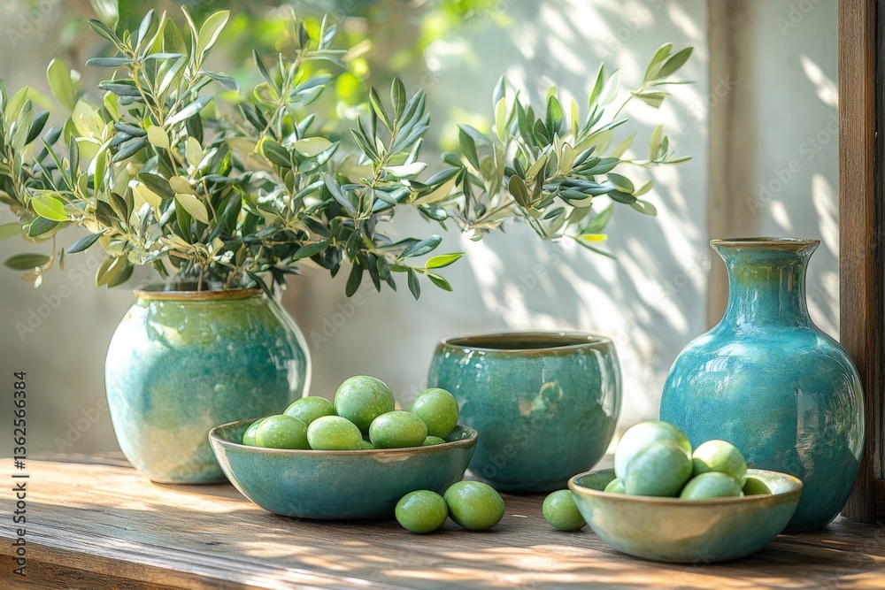 Poster decorative pottery with green fruit and olive branches displayed on wooden table in a bright natural