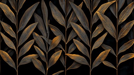 Elegant golden leaves arranged in a symmetrical pattern against a dark background Generative AI