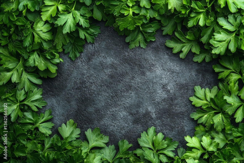 Aufkleber freshly harvested parsley arranged on a textured surface with vibrant green leaves surrounding it