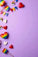 Colorful parade accessories flat lay on violet background with rainbow flags, pin badges, and hearts, gay symbol, rainbow flag