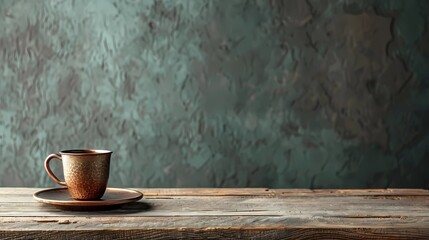 Rustic coffee cup on a wooden table with textured teal background captured in a cozy morning light Generative AI
