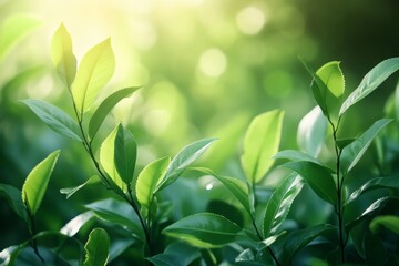 Obraz premium Green leaves basking in soft sunlight create a serene atmosphere in a lush garden during early morning hours