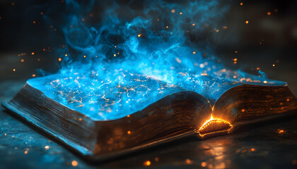 Obraz premium Glowing book emits blue energy, sparks Mystical, magical, otherworldly