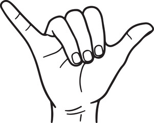 a simple line art of a hand making the sign (pinky and thumb extended, middle fingers curled). Use only black lines on a white background.