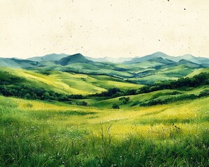 Fototapeta premium Lush Green Rolling Hills Under a Bright Sky with Vibrant Nature in View