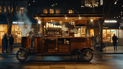 A vintage-style coffee cart, glowing warmly at night, serves drinks to passersby on a city street