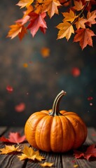 Naklejka premium Cozy autumn atmosphere with pumpkin and leaves on wooden background, harvest, maple leaves