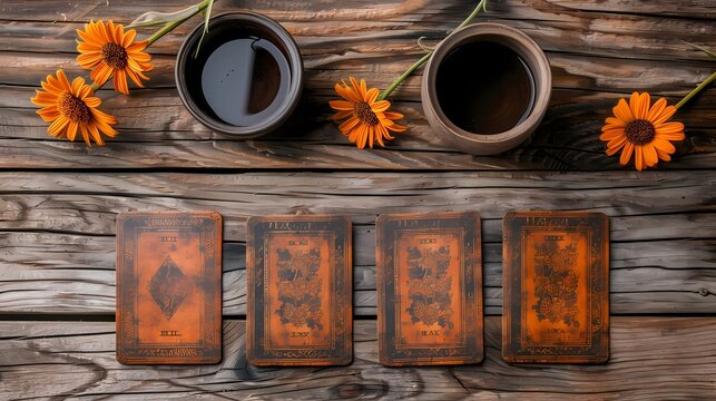 Tarot cards on a wooden table with orange flowers and coffee cups set in a cozy atmosphere during the afternoon Generative AI