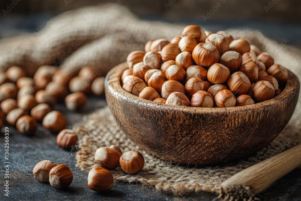 Poster wooden bowl filled with hazelnuts placed on burlap with scattered nuts on dark surface