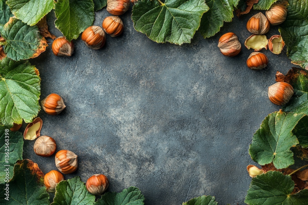 Aufkleber hazelnuts surrounded by green leaves on a textured dark surface in an autumn setting