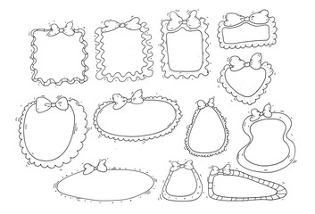  A collection of decorative hand-drawn frames doodles with bows, isolated on transparent background for invitations, scrapbooking, greeting cards, wedding designs, vintage-themed projects
