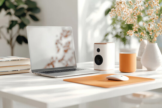 Minimalist home office desk setup with laptop, speaker, and decor