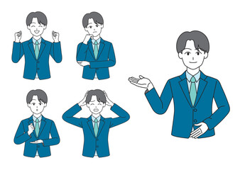 スーツを着た働く男性のイラストセット（ブルー）